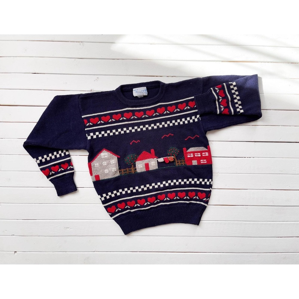 cottagecore sweater vtg Dean's of Scotland navy blue house country heart sweater